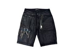 1:1 quality version Pure Black Shiny Faux Leather Pleated Denim Shorts 28920235