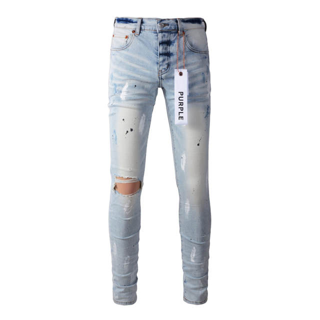 #9006 1:1 PURPLE BRΑND Light Indigo Cut Denim Jeans