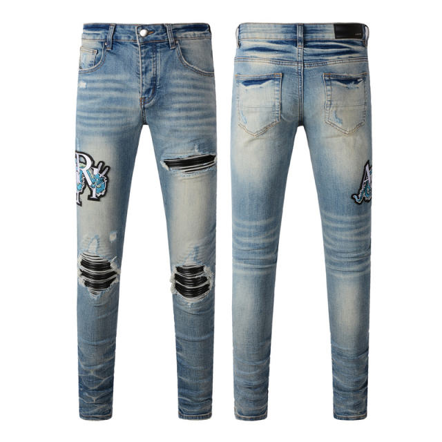 #8897 AM Dragon Embroidery Indigo Denim Jeans