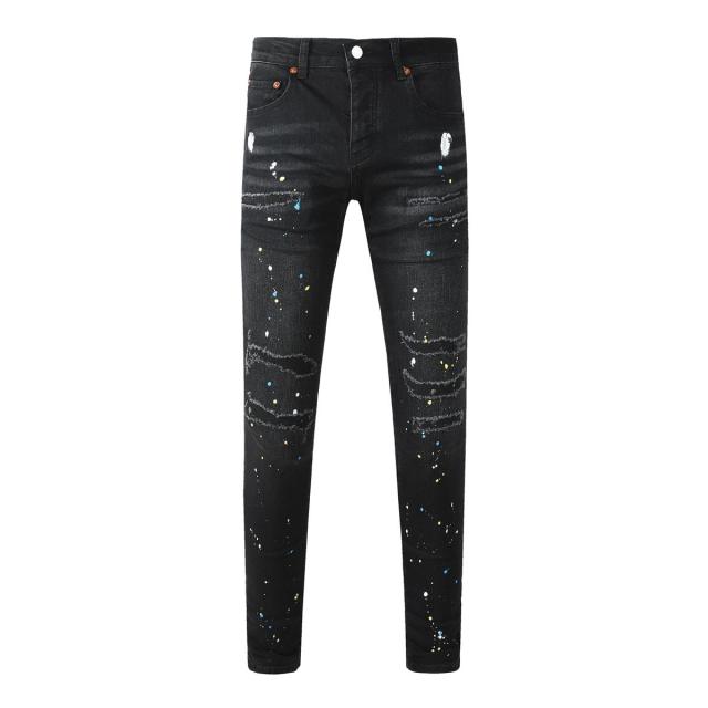 1:1 PURPLE BRΑND Splatter Slash Cut Skinny Fits Denim Jeans