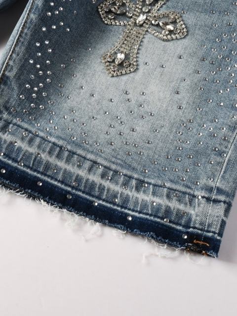 [Best Quality]1:1 PURPLE BRΑND Cross Rhinestone Denim Shorts