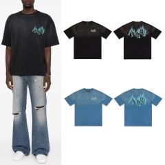 Flame Print Rhinestone Letter Washed Distressed T-Shirt Tee 2 colors 28979048