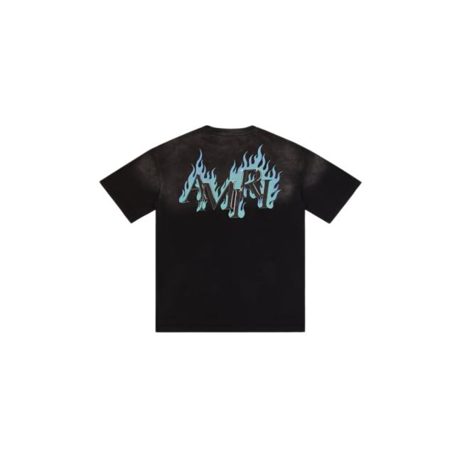 Flame Print Rhinestone Letter Washed Distressed T-Shirt Tee 2 colors 28979048