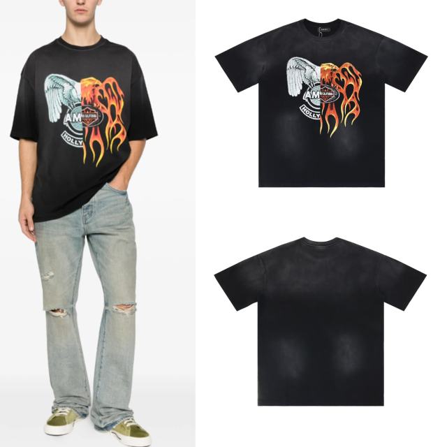 Eagle Flame Double-Pair Logo Print Washed Version tee 28750098