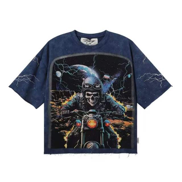 Skull Motorcyclist Splash Ink Rhinestone Print Washed Tee 28874568