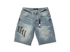 1:1 quality version Black Gray Logo Embroidered Ripped Denim Shorts 28972418