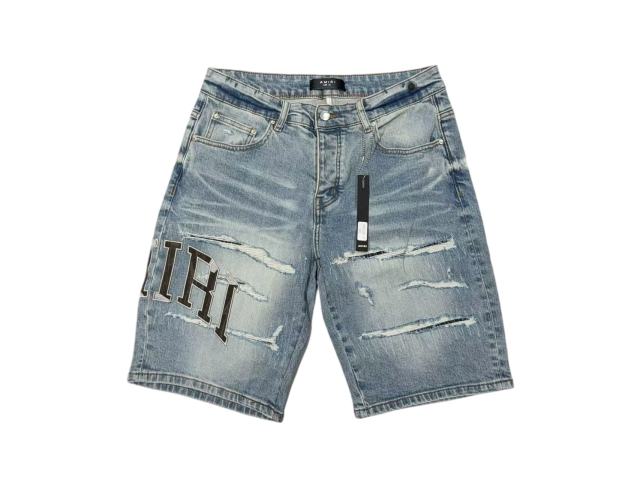1:1 quality version Black Gray Logo Embroidered Ripped Denim Shorts 28972418