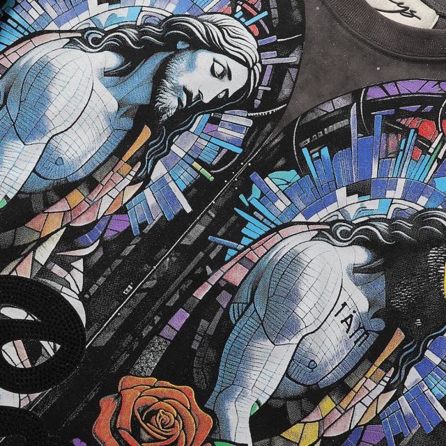 Stained Glass Jesus Splash Ink Rhinestone Print Washed Tee 28874563