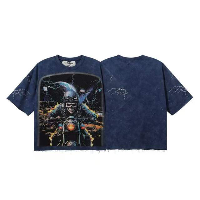 Skull Motorcyclist Splash Ink Rhinestone Print Washed Tee 28874568