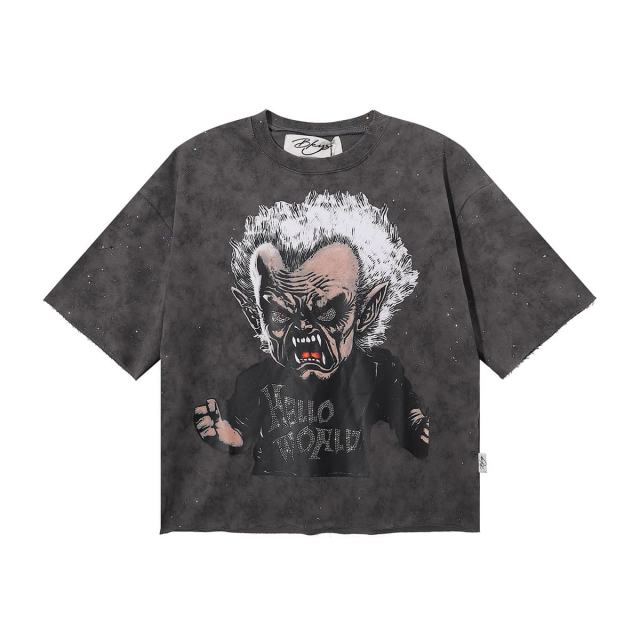 Evil Old Man Splash Ink Rhinestone Print Washed Tee 28874573