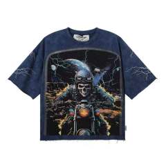 Skull Motorcyclist Splash Ink Rhinestone Print Washed Tee 28874568