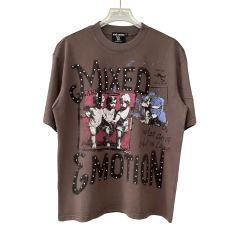 Rhinestone Angel Print T-Shirt -Letter Vintage Dark Brown Washed tee 28978803