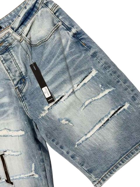 1:1 quality version Black Gray Logo Embroidered Ripped Denim Shorts 28972418