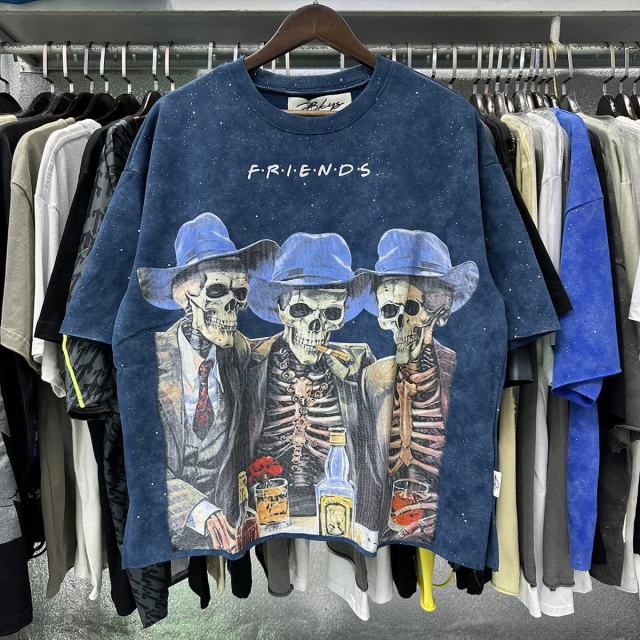 Suit Skull Friends Splash Ink Print Washed Tee 28874572