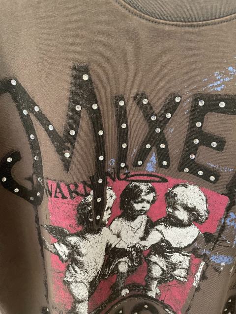 Rhinestone Angel Print T-Shirt -Letter Vintage Dark Brown Washed tee 28978803