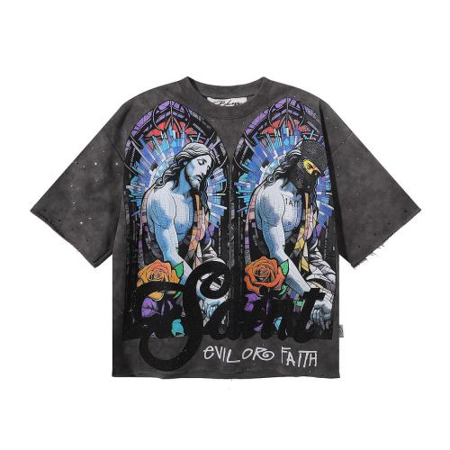 Stained Glass Jesus Splash Ink Rhinestone Print Washed Tee 28874563