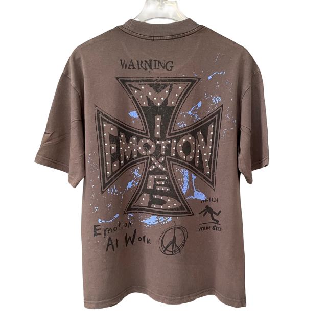 Rhinestone Angel Print T-Shirt -Letter Vintage Dark Brown Washed tee 28978803