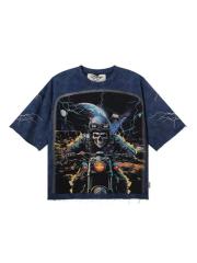 Skull Motorcyclist Splash Ink Rhinestone Print Washed Tee 28874568