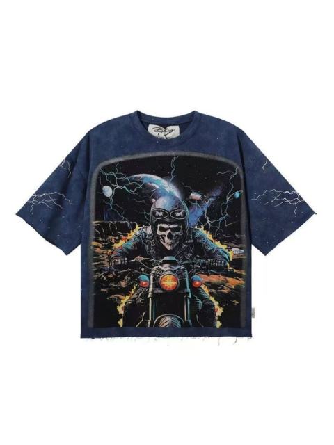 Skull Motorcyclist Splash Ink Rhinestone Print Washed Tee 28874568