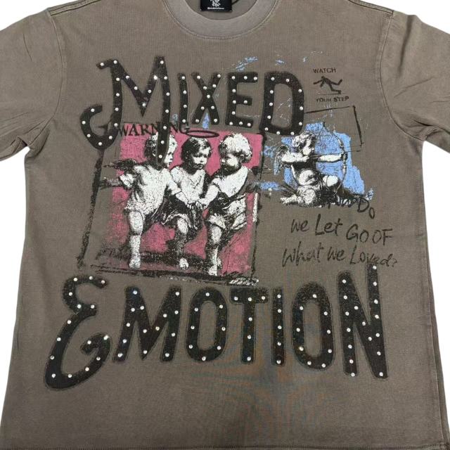 Rhinestone Angel Print T-Shirt -Letter Vintage Dark Brown Washed tee 28978803