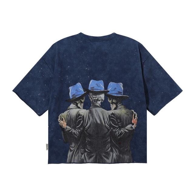 Suit Skull Friends Splash Ink Print Washed Tee 28874572