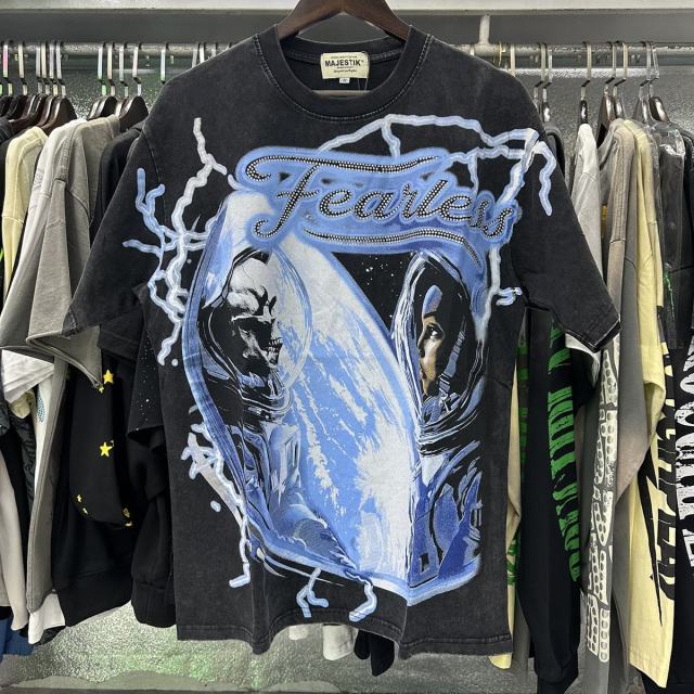 Astronaut Skull Hotfix Rhinestone Print Washed Tee 28874489