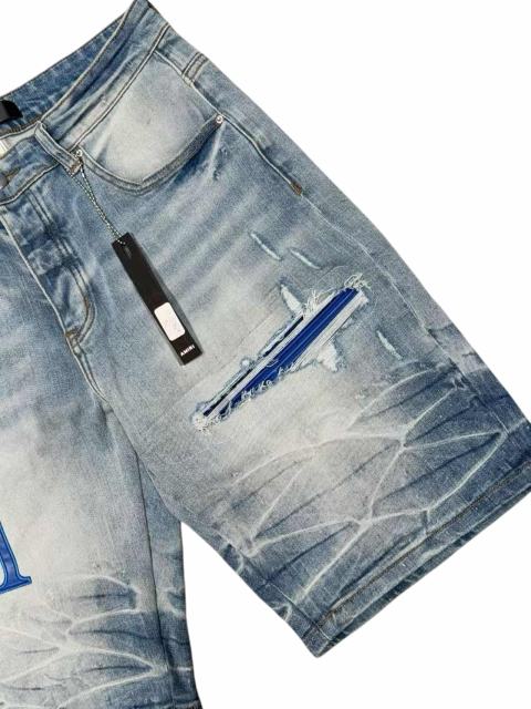 1:1 quality version Blue Leather Logo Patch Denim Shorts 28972419
