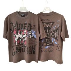 Rhinestone Angel Print T-Shirt -Letter Vintage Dark Brown Washed tee 28978803