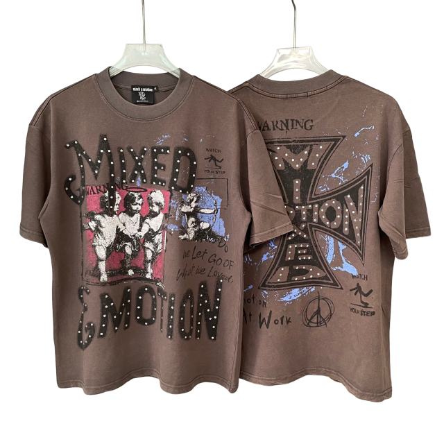 Rhinestone Angel Print T-Shirt -Letter Vintage Dark Brown Washed tee 28978803