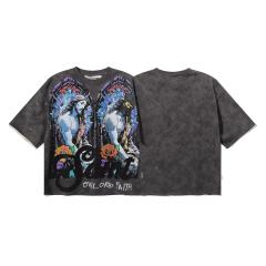 Stained Glass Jesus Splash Ink Rhinestone Print Washed Tee 28874563