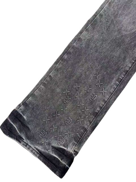 1:1 quality version Ash Gray Cross Pattern Embroidered Slightly Flared Jeans 28972587