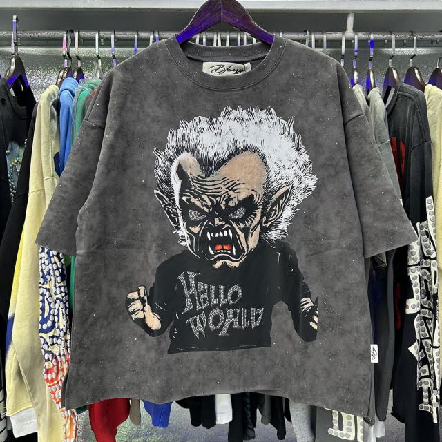 Evil Old Man Splash Ink Rhinestone Print Washed Tee 28874573