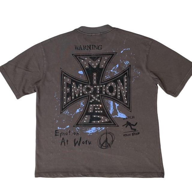 Rhinestone Angel Print T-Shirt -Letter Vintage Dark Brown Washed tee 28978803