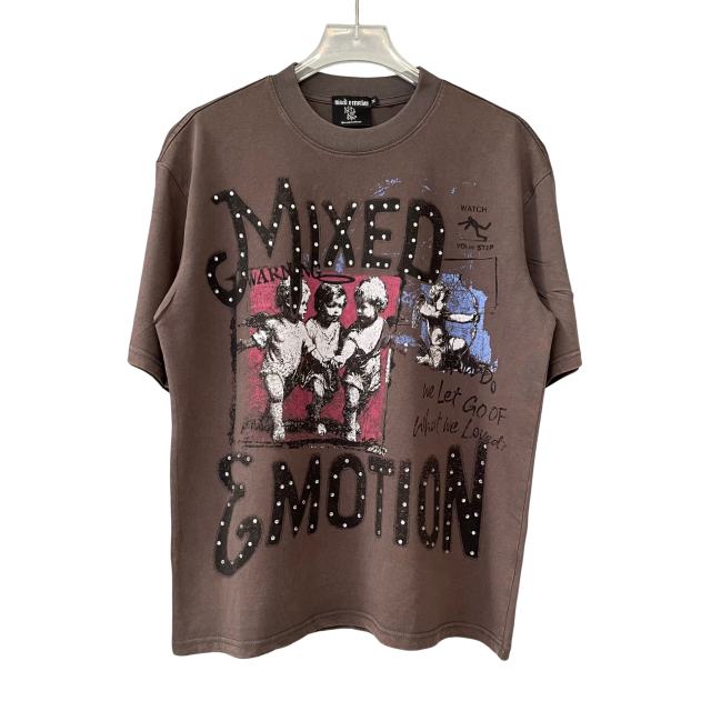 Rhinestone Angel Print T-Shirt -Letter Vintage Dark Brown Washed tee 28978803