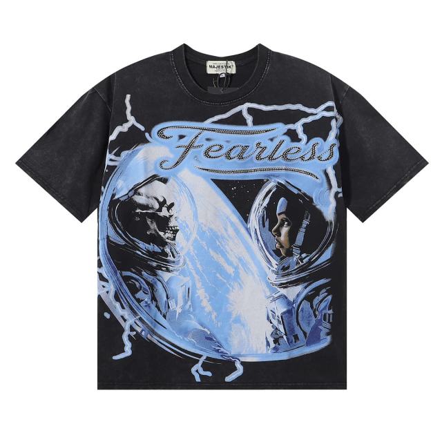 Astronaut Skull Hotfix Rhinestone Print Washed Tee 28874489