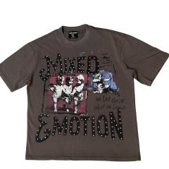 Rhinestone Angel Print T-Shirt -Letter Vintage Dark Brown Washed tee 28978803