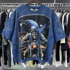 Skull Motorcyclist Splash Ink Rhinestone Print Washed Tee 28874568
