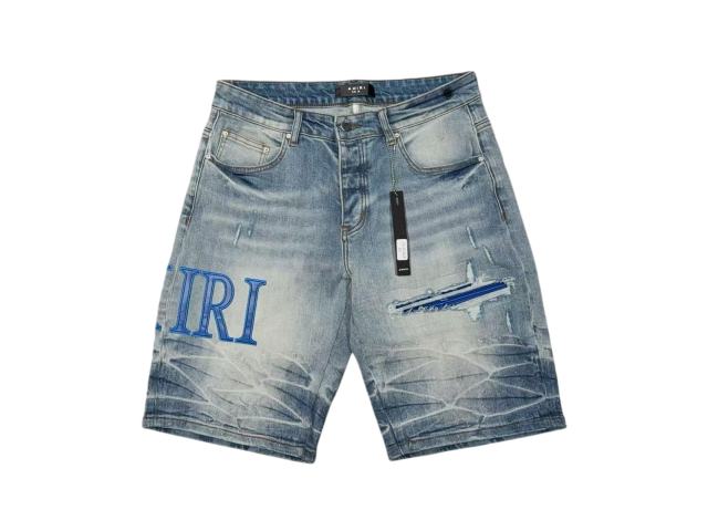 1:1 quality version Blue Leather Logo Patch Denim Shorts 28972419