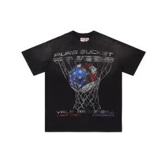 Pure Bucket Basketball Print T-Shirt Black Vintage Cotton Streetwear Tee 28978037