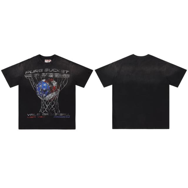 Pure Bucket Basketball Print T-Shirt Black Vintage Cotton Streetwear Tee 28978037