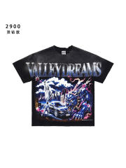 Lightning Leopard Statue of Liberty Print Rhinestone Embroidered Letter Washed Version Tee 28757618