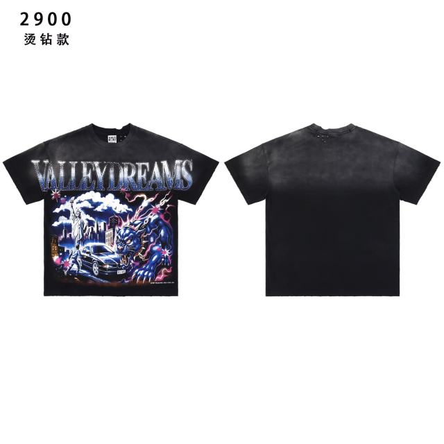 Lightning Leopard Statue of Liberty Print Rhinestone Embroidered Letter Washed Version Tee 28757618