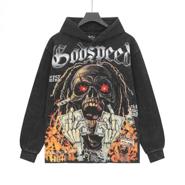 Skeleton Dollar Letter Print Washed Hoodie 2 colors 28690404