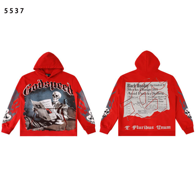 Skull Reading Newspaper Print Washed Version Hoodie 2 colors 28598178