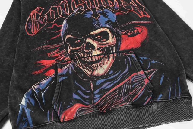Black Cycling Suit Skull Print Washed Hoodie 2 colors 28696537