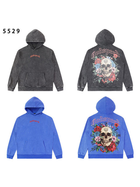 Skull Rose print Washed Version Hoodie 2 colors 28462023
