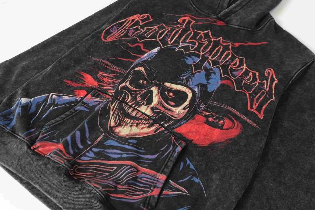 Black Cycling Suit Skull Print Washed Hoodie 2 colors 28696537