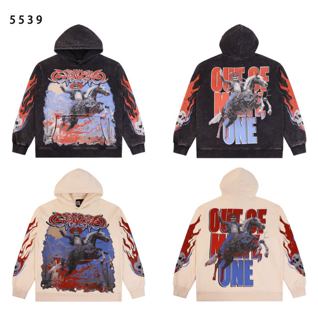 Skeleton Horse Riding Flame Print Washed Version Hoodie 2 colors 28576268