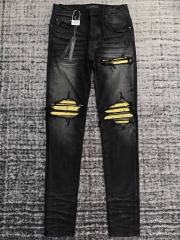 1:1 Quality Amir* Ripped Ye;llow Leather Patch Jeans Pants