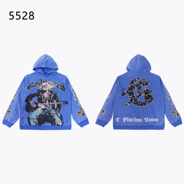 Skeleton Playing Guitar Print Washed Hoodie 2 colors 28620253